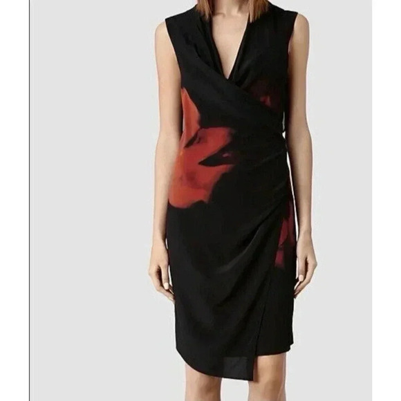 Allsaints Black and Rust Marbled Silk Wrap Draped Dress Sz‎ 4 - Picture 1 of 16